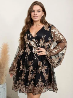 Clearance Retro Stage [Plus Size] 1960s Christmas V-Neck Embroidered Bronzing Dress Black