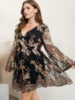 Clearance Retro Stage [Plus Size] 1960s Christmas V-Neck Embroidered Bronzing Dress Black