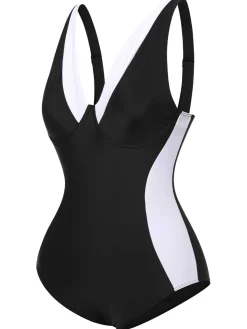 Sale Retro Stage [Plus Size] 1930s Contrast One-Piece Swimsuit Black