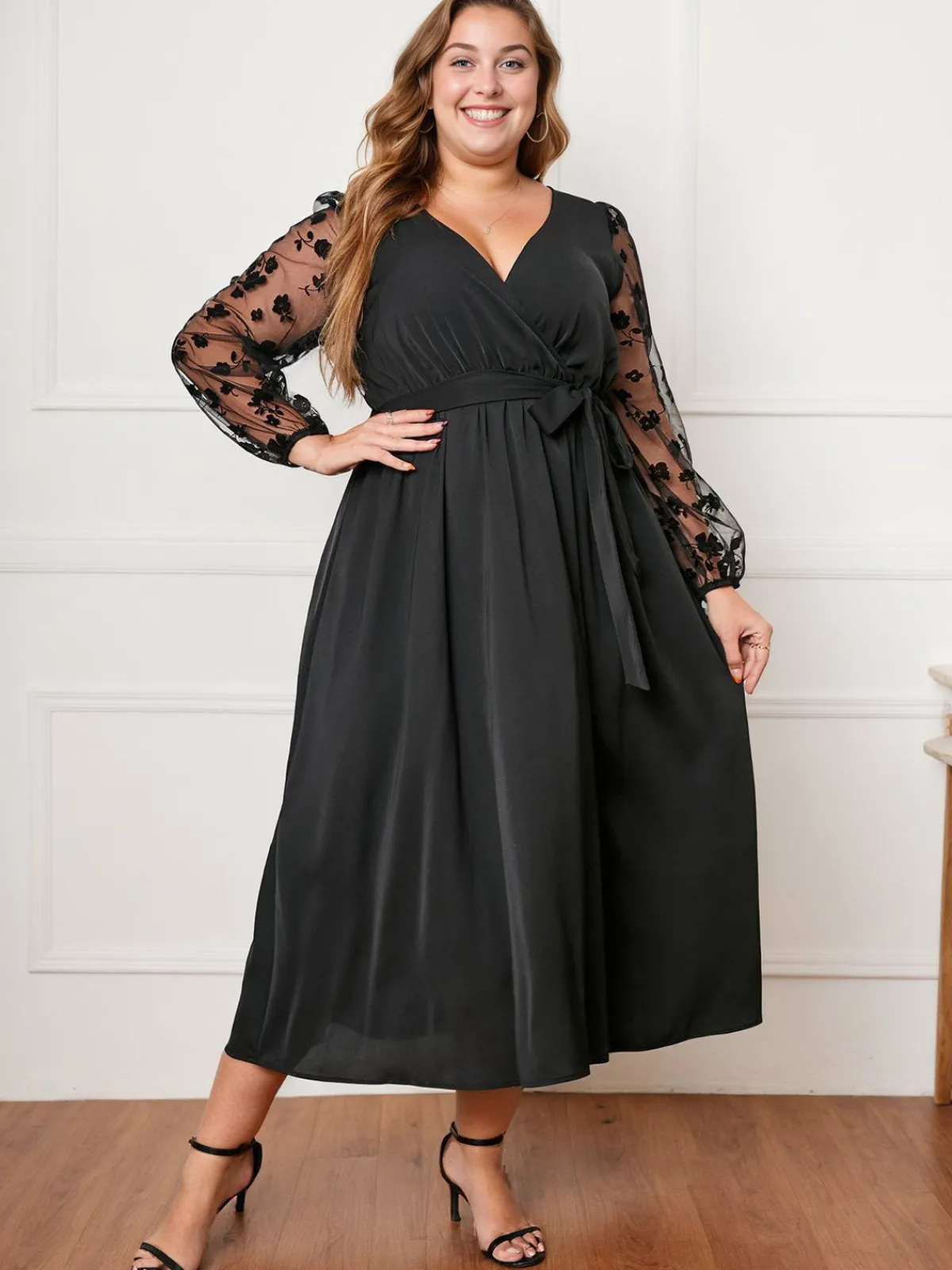 Sale Retro Stage [Plus Size] 1950s Floral Mesh Sleeves Dress Black