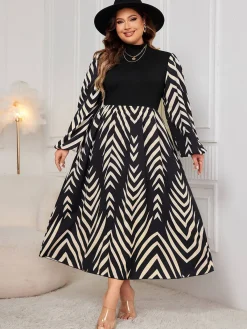 Best Retro Stage [Plus Size] 1950s Geometric Print Patchwork Dress Black