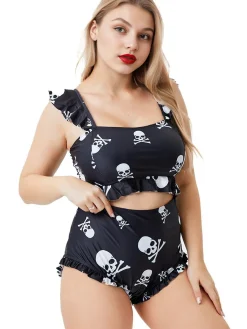 Outlet Retro Stage [Plus Size] 1980s Gothic Skull Print Ruffles Bikini Set Black
