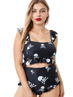 Outlet Retro Stage [Plus Size] 1980s Gothic Skull Print Ruffles Bikini Set Black