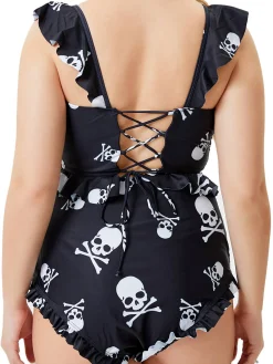 Outlet Retro Stage [Plus Size] 1980s Gothic Skull Print Ruffles Bikini Set Black