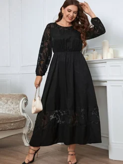 Outlet Retro Stage [Plus Size] 1940s Long Sleeve Solid Lace Dress Black