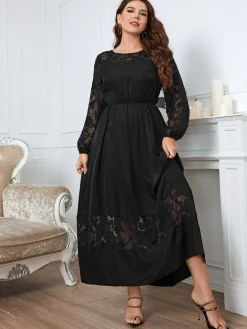 Outlet Retro Stage [Plus Size] 1940s Long Sleeve Solid Lace Dress Black