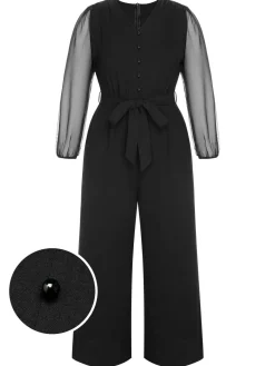 Best Retro Stage [Plus Size] 1930s Mesh Lantern Sleeve Belted Jumpsuit Black