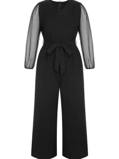 Best Retro Stage [Plus Size] 1930s Mesh Lantern Sleeve Belted Jumpsuit Black