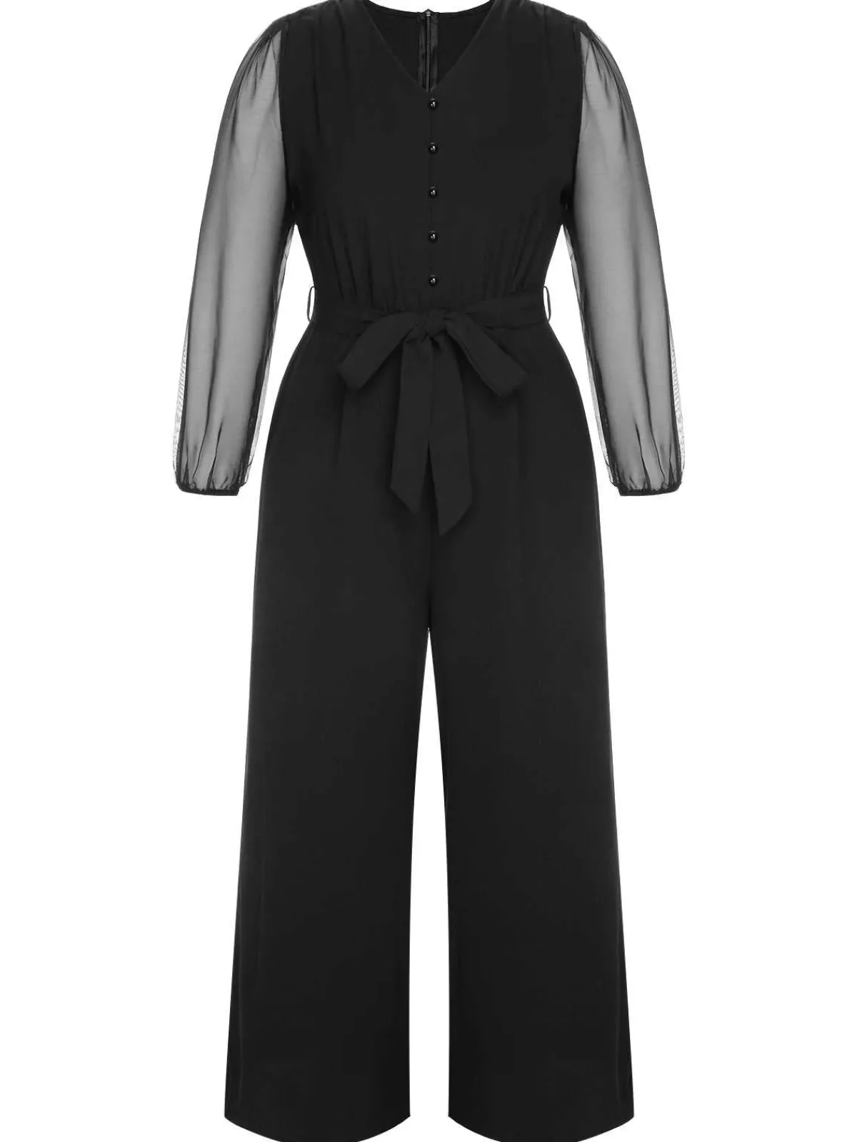 Best Retro Stage [Plus Size] 1930s Mesh Lantern Sleeve Belted Jumpsuit Black