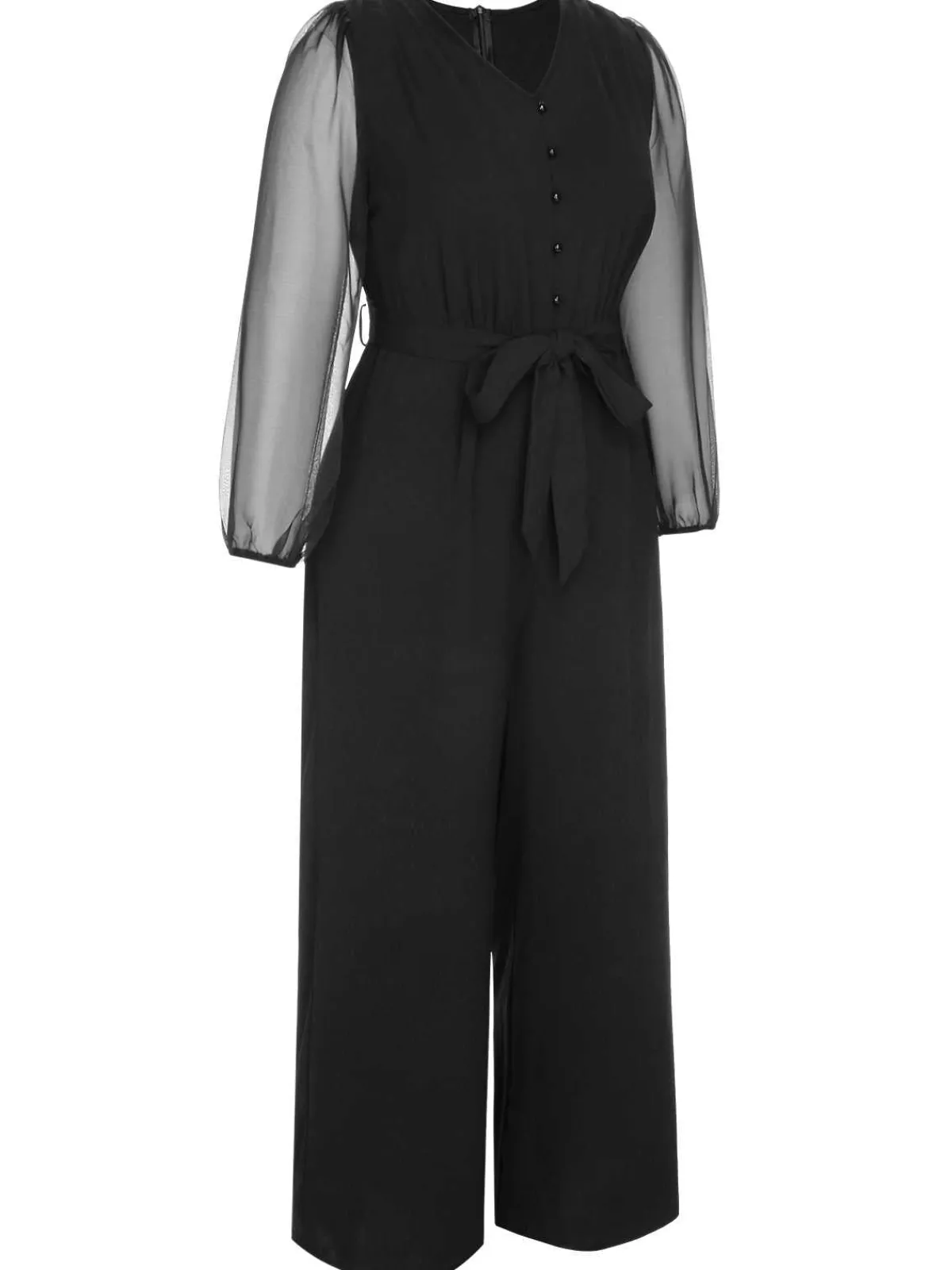 Best Retro Stage [Plus Size] 1930s Mesh Lantern Sleeve Belted Jumpsuit Black