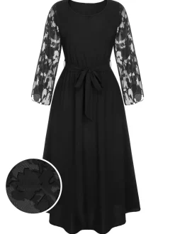 New Retro Stage [Plus Size] 1930s Mesh Rose Patchwork Dress Black