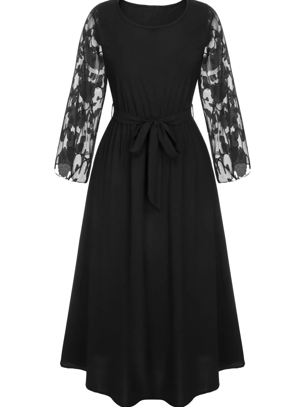 New Retro Stage [Plus Size] 1930s Mesh Rose Patchwork Dress Black