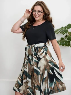Hot Retro Stage [Plus Size] 1950s Patchwork Swing Dress Black