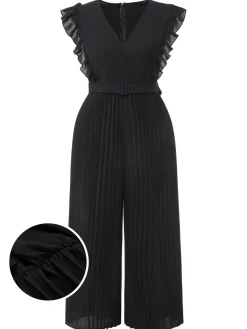 Fashion Retro Stage [Plus Size] 1930s Ruffle V-Neck Pleated Jumpsuit Black
