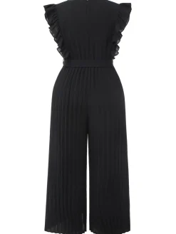 Fashion Retro Stage [Plus Size] 1930s Ruffle V-Neck Pleated Jumpsuit Black