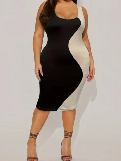 New Retro Stage [Plus Size] 1960s Scoop Neck Colorblock Bodycon Dress Black