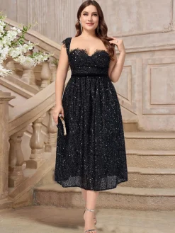 Fashion Retro Stage [Plus Size] 1940s Sequined Lace Sweetheart Neck Dress Black