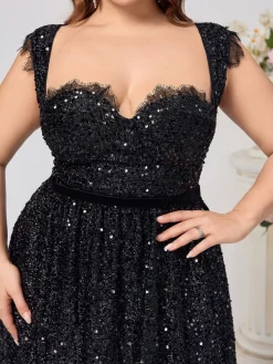 Fashion Retro Stage [Plus Size] 1940s Sequined Lace Sweetheart Neck Dress Black