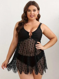 Online Retro Stage [Plus Size] 1950s Solid Bohemian Lace Tankini Set Black