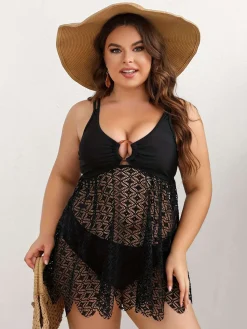 Online Retro Stage [Plus Size] 1950s Solid Bohemian Lace Tankini Set Black