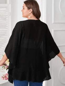 Online Retro Stage [Plus Size] 1960s Solid Dolman Sleeve Loose Cover Up Black