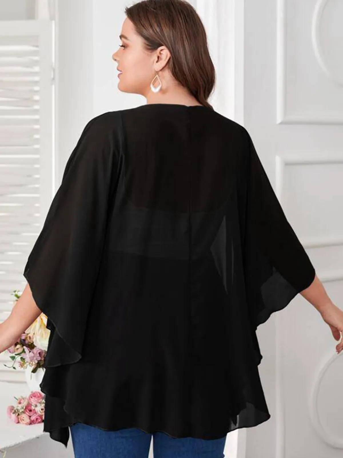 Online Retro Stage [Plus Size] 1960s Solid Dolman Sleeve Loose Cover Up Black