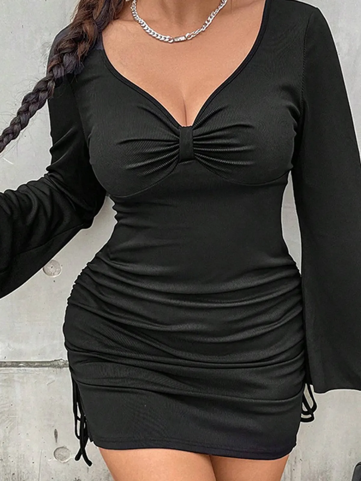 Best Retro Stage [Plus Size] 1960s Solid Drawstring Pencil Dress Black