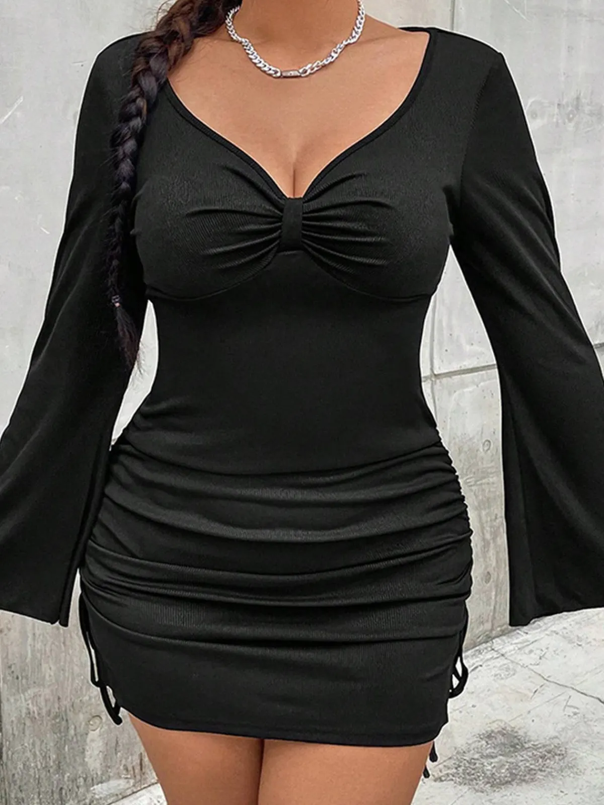 Best Retro Stage [Plus Size] 1960s Solid Drawstring Pencil Dress Black