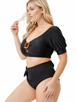 Best Retro Stage [Plus Size] 1960s Solid Hollow Puff Swimsuit Black