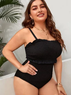 Best Retro Stage [Plus Size] 1950s Solid Knitted Strap Swimsuit Black