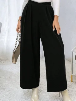 Fashion Retro Stage [Plus Size] 1940s Solid Pleated Waist Straight Pants Black