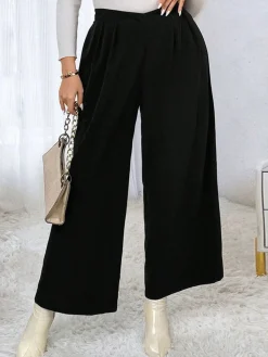 Fashion Retro Stage [Plus Size] 1940s Solid Pleated Waist Straight Pants Black