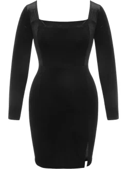 Clearance Retro Stage [Plus Size] 1940s Solid Square Neck Velvet Dress Black