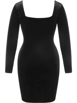 Clearance Retro Stage [Plus Size] 1940s Solid Square Neck Velvet Dress Black
