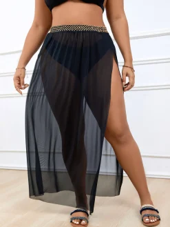 Hot Retro Stage [Plus Size] 1950s Solid Slit Skirt Cover-up Black