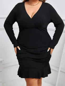 Sale Retro Stage [Plus Size] 1930s Solid V-Neck Ruffle Hem Dress Black