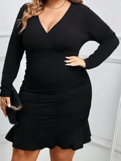 Sale Retro Stage [Plus Size] 1930s Solid V-Neck Ruffle Hem Dress Black