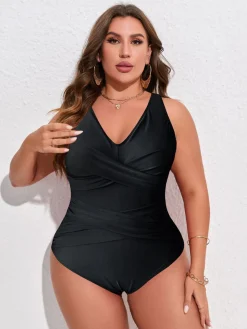 Online Retro Stage [Plus Size] 1940s Solid V-Neck One-Piece Swimsuit Black