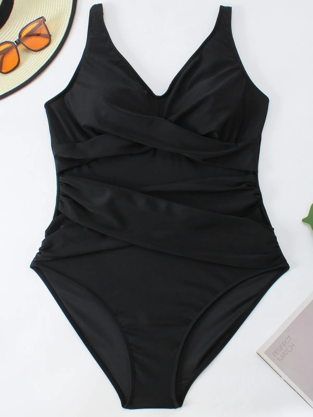 Online Retro Stage [Plus Size] 1940s Solid V-Neck One-Piece Swimsuit Black