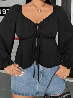 Sale Retro Stage [Plus Size] 1950s Solid V-Neck Lace-Up Blouse Black