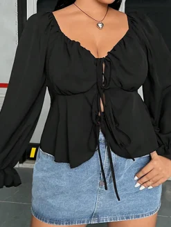 Sale Retro Stage [Plus Size] 1950s Solid V-Neck Lace-Up Blouse Black