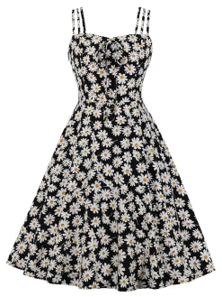 Discount Retro Stage [Plus Size] 1950s Spaghetti Strap Daisy Dress Black