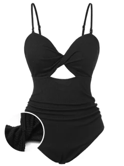 Outlet Retro Stage [Plus Size] Black 1960s Spaghetti Strap Twist Swimsuit