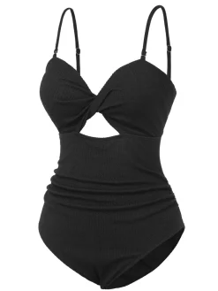 Outlet Retro Stage [Plus Size] Black 1960s Spaghetti Strap Twist Swimsuit