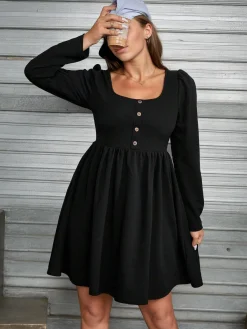 Clearance Retro Stage [Plus Size] 1950s Square Neck Solid Dress Black
