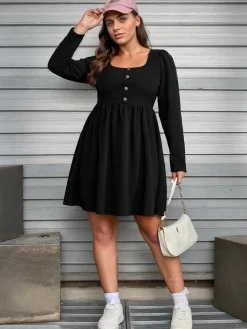 Clearance Retro Stage [Plus Size] 1950s Square Neck Solid Dress Black