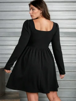 Clearance Retro Stage [Plus Size] 1950s Square Neck Solid Dress Black
