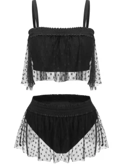Clearance Retro Stage [Plus Size] 1950s Strap Mesh Swimsuit Black