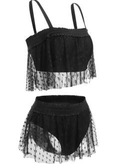 Clearance Retro Stage [Plus Size] 1950s Strap Mesh Swimsuit Black