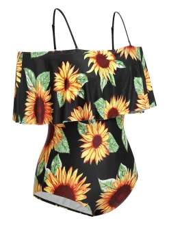 Online Retro Stage [Plus Size] 1940s Sunflower Cold-Shoulder Swimsuit Black